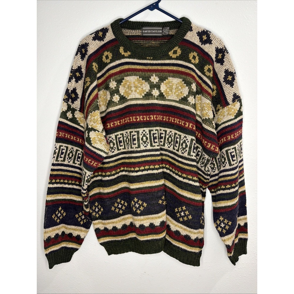 Vintage 90s David Taylor Men's Geometric Abstract Knit Crewneck Sweater size XLT